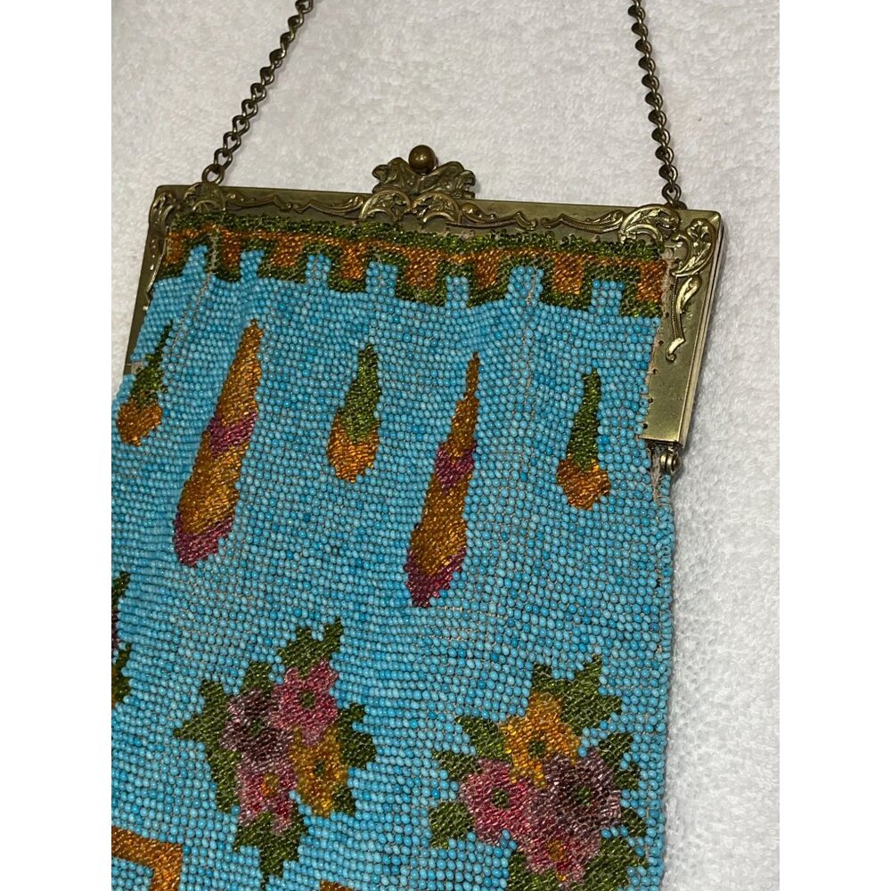 Antique Beaded Purse With Ornate Brass Frame & Chain Handle Floral Design Blue M